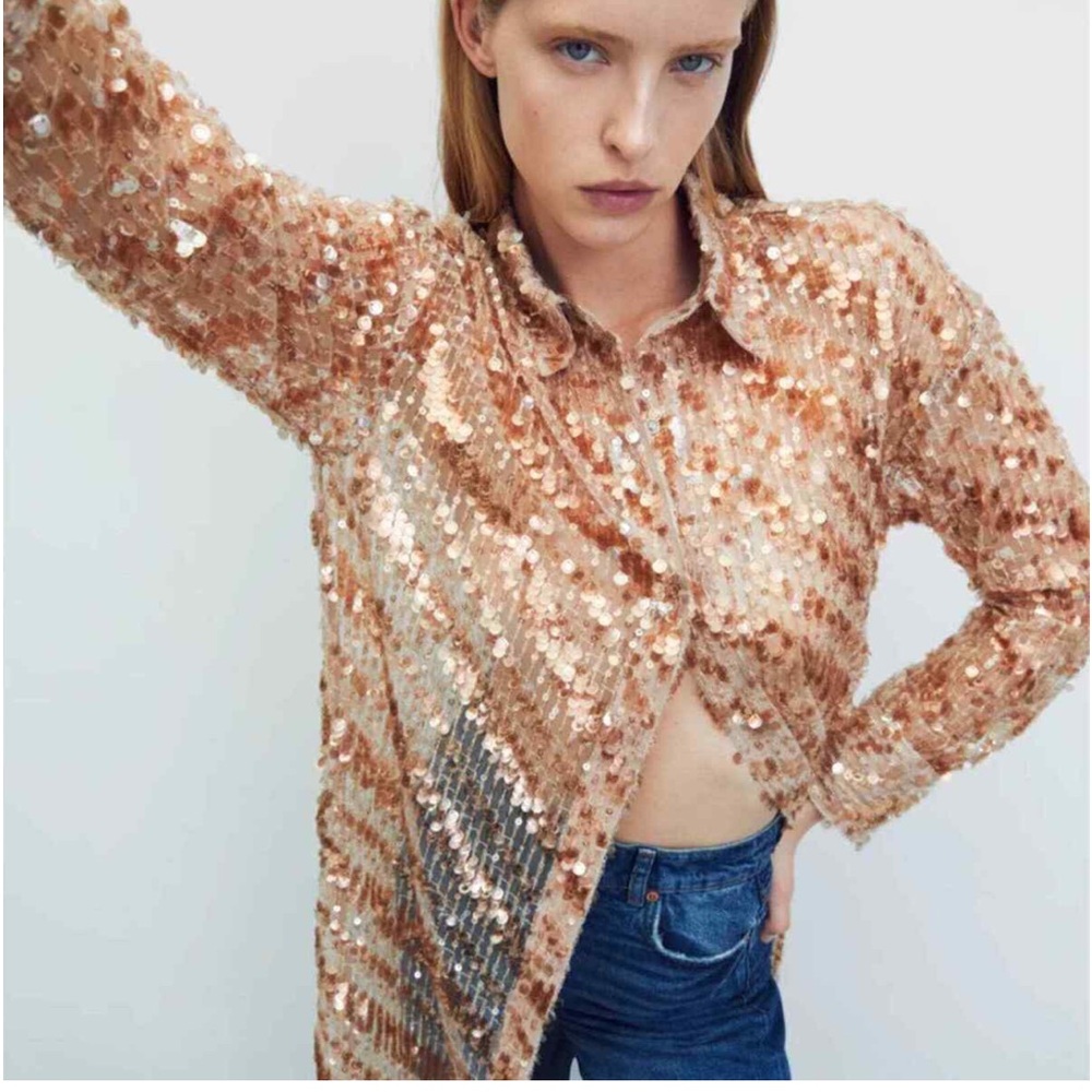 ZARA BUTTON DOWN SEQUINED SHEER DUSTER DRESS - Picture 11 of 14
